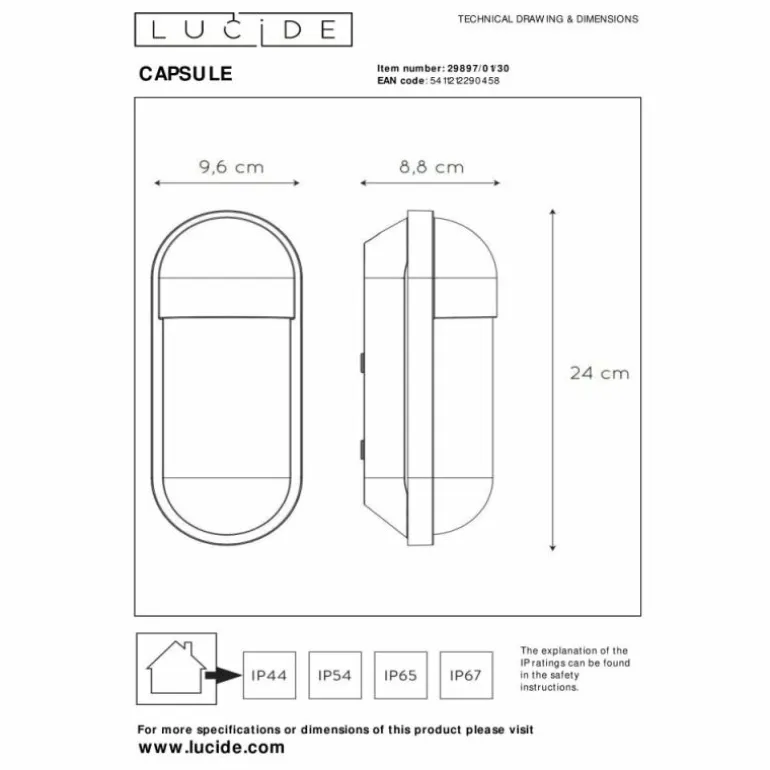 Applique murale d'extérieur Lucide CAPSULE Noir, 1 lumière