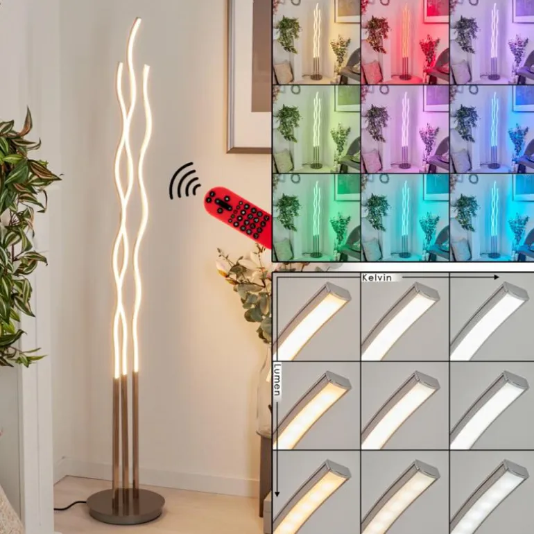 Lampadaire Gamsen LED Nickel mat, 3 lumières, Télécommandes, Changeur de couleurs