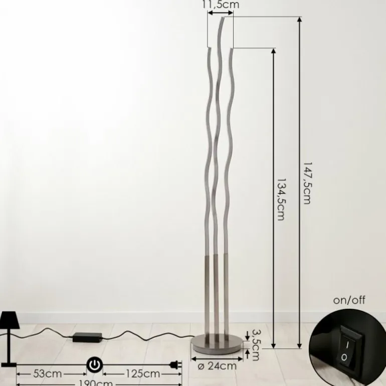Lampadaire Gamsen LED Nickel mat, 3 lumières, Télécommandes, Changeur de couleurs
