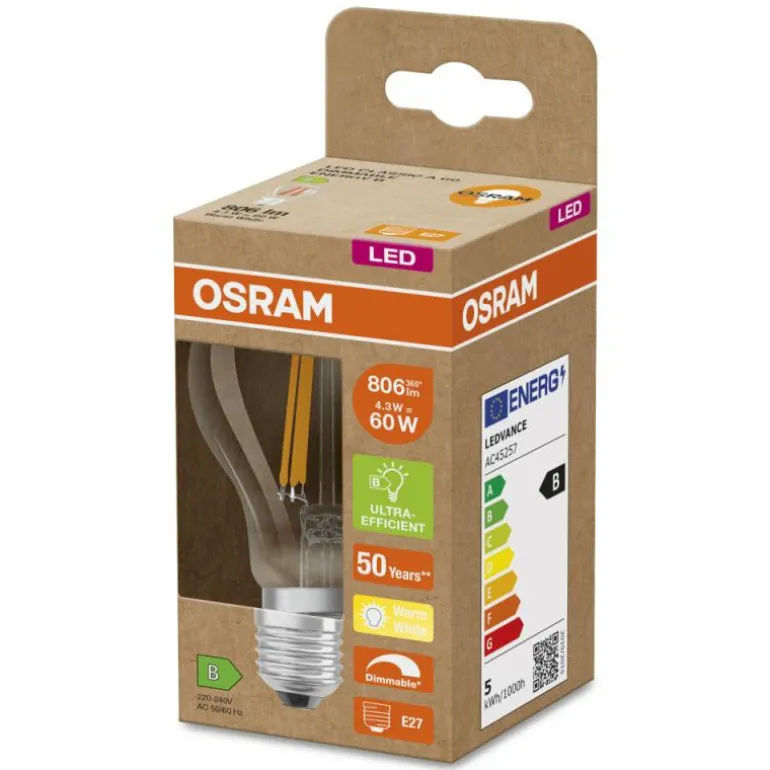 Luminaires Osram E27 LED 4.3 Watt blanc chaud dimmable 806 Lumen