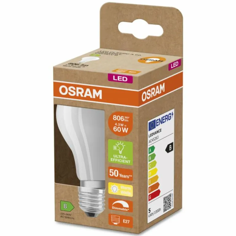 Luminaires Osram E27 LED 4.3 Watt blanc chaud dimmable 806 Lumen