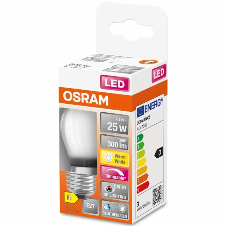 Luminaires Osram E27 LED 2.2 Watt blanc chaud dimmable 300 Lumen