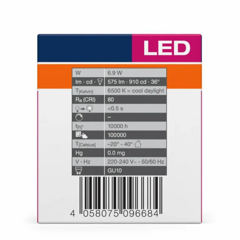 Luminaires Osram GU10 LED 6.9 Watt blanc lumière du jour 575 Lumen