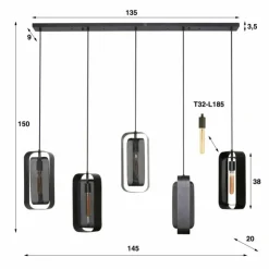 hofstein Suspensions|Pendelleuchte Suspension Anthracite, 5 lumières