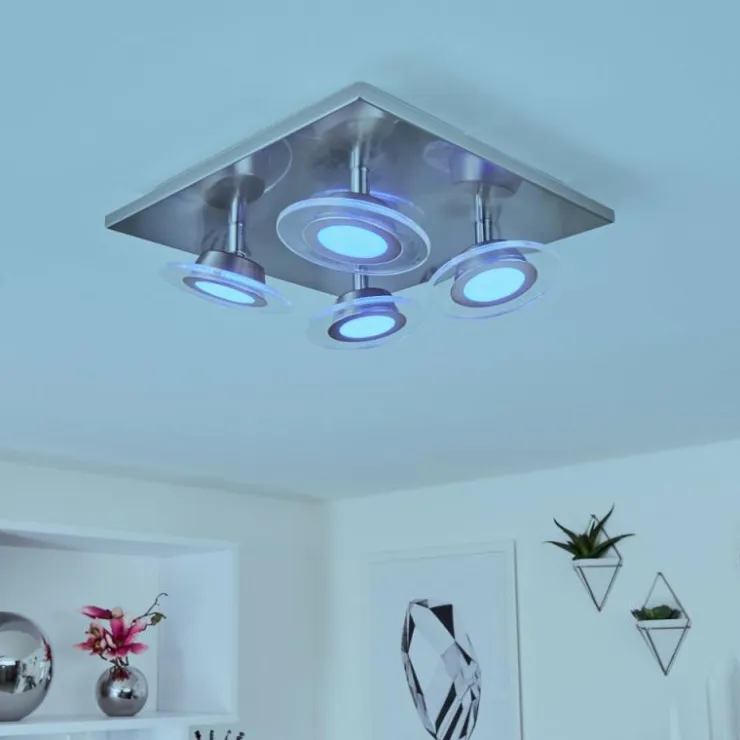 hofstein Éclairage Led|Plafonnier Marsen LED Nickel mat, 4 lumières, Télécommandes, Changeur de couleurs