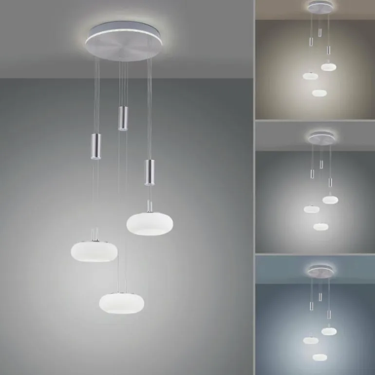 Suspension Paul-Neuhaus Q-ETIENNE LED Acier brossé, 4 lumières, Télécommandes