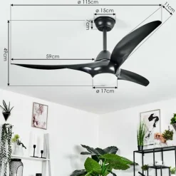 Ventilateur de plafond Malloa LED Noir, 1 lumière, Télécommandes