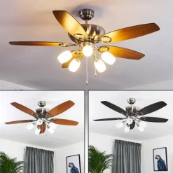 Ventilateur de plafond Irving Chrome, Gris, Bois clair, 5 lumières