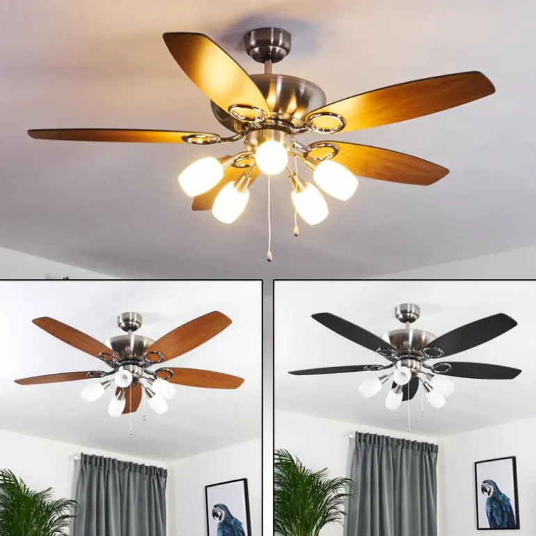 Ventilateur de plafond Irving Chrome, Gris, Bois clair, 5 lumières