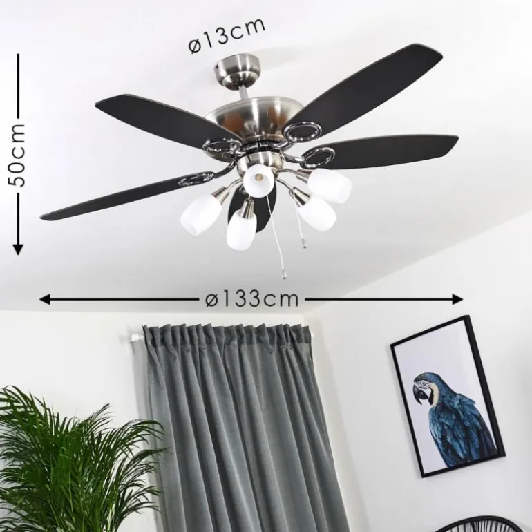 Ventilateur de plafond Irving Chrome, Gris, Bois clair, 5 lumières