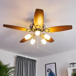 Ventilateur de plafond Irving Chrome, Gris, Bois clair, 5 lumières