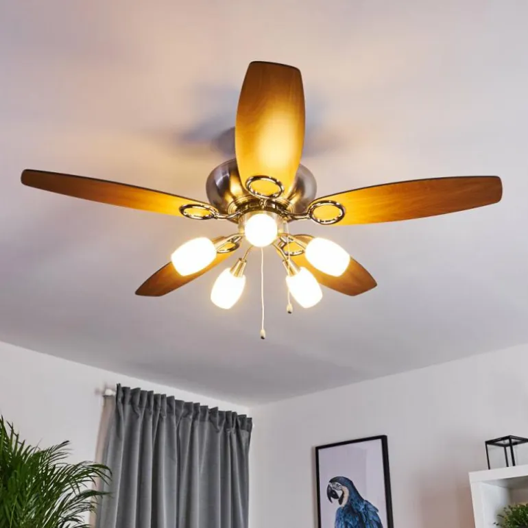 Ventilateur de plafond Irving Chrome, Gris, Bois clair, 5 lumières