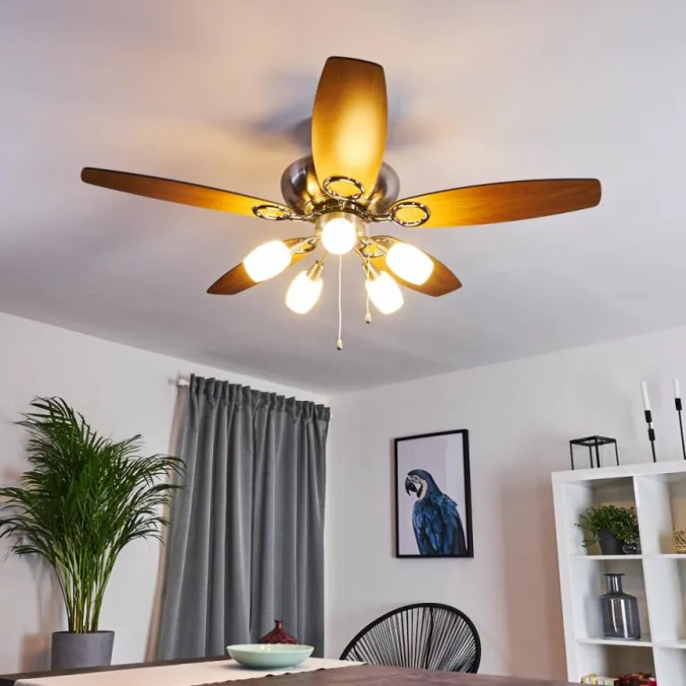 Ventilateur de plafond Irving Chrome, Gris, Bois clair, 5 lumières