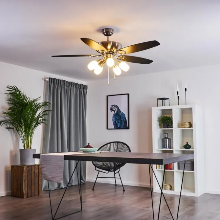 Ventilateur de plafond Irving Chrome, Gris, Bois clair, 5 lumières