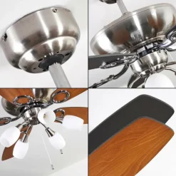 Ventilateur de plafond Irving Chrome, Gris, Bois clair, 5 lumières