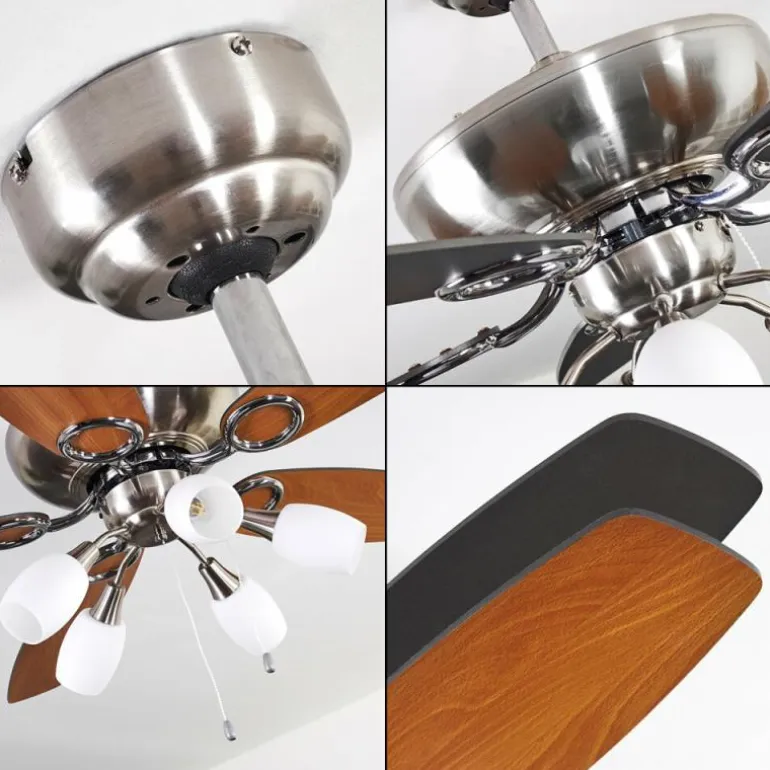 Ventilateur de plafond Irving Chrome, Gris, Bois clair, 5 lumières