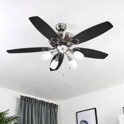 Ventilateur de plafond Irving Chrome, Gris, Bois clair, 5 lumières