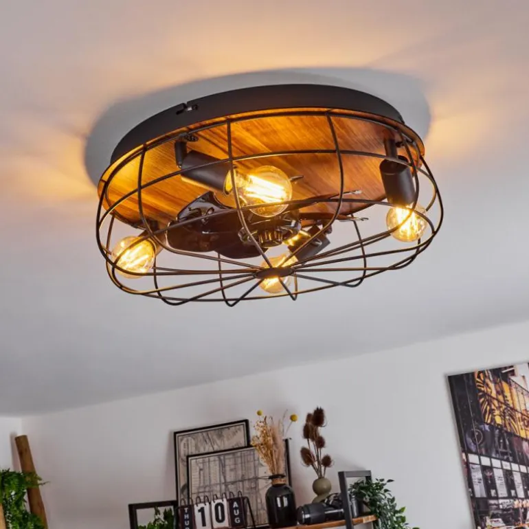 Ventilateur de plafond Moscavide Brun, Couleur bois, Noir, 4 lumières, Télécommandes