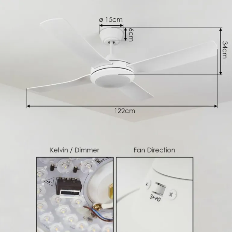 Ventilateur de plafond Tjerne LED Blanc, 1 lumière, Télécommandes