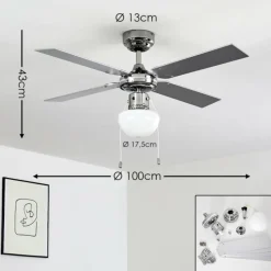 Ventilateur de plafond Valletta Chrome, Argenté, Blanc, 1 lumière