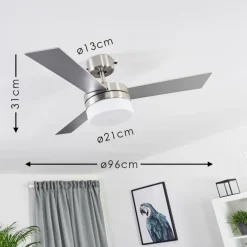 Ventilateur de plafond Vevey Bois clair, Nickel mat, Argenté, 2 lumières, Télécommandes